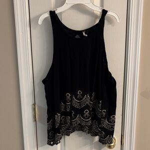 Free People Black Tank Top with Cream Embroidery size XS